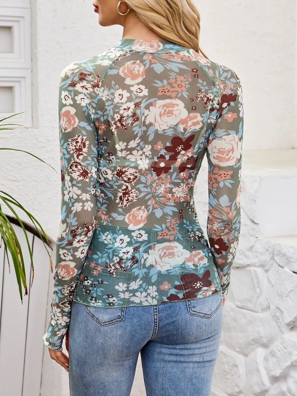 Floral Mock Neck Long Sleeve Top, image 12