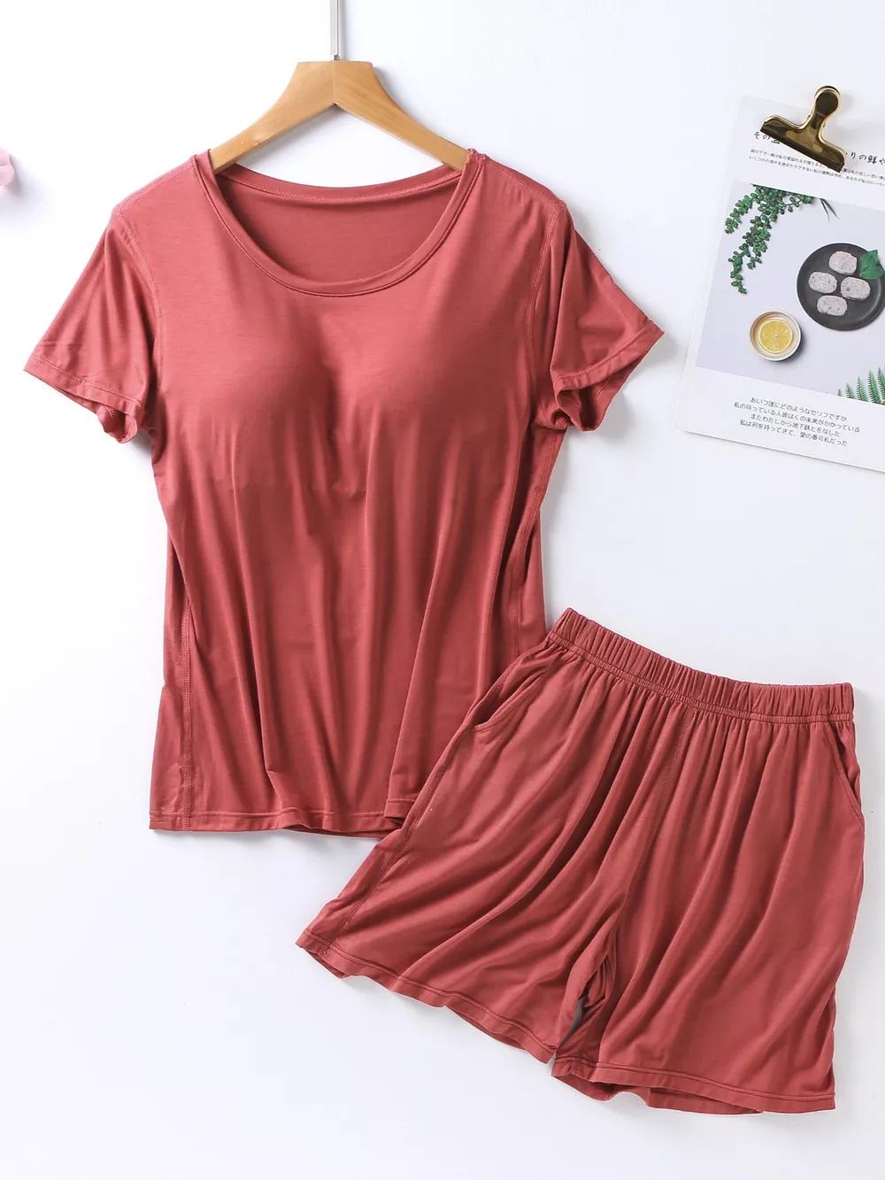 Plus Size Padded Round Neck Modal T-Shirt and Shorts Set, image 5
