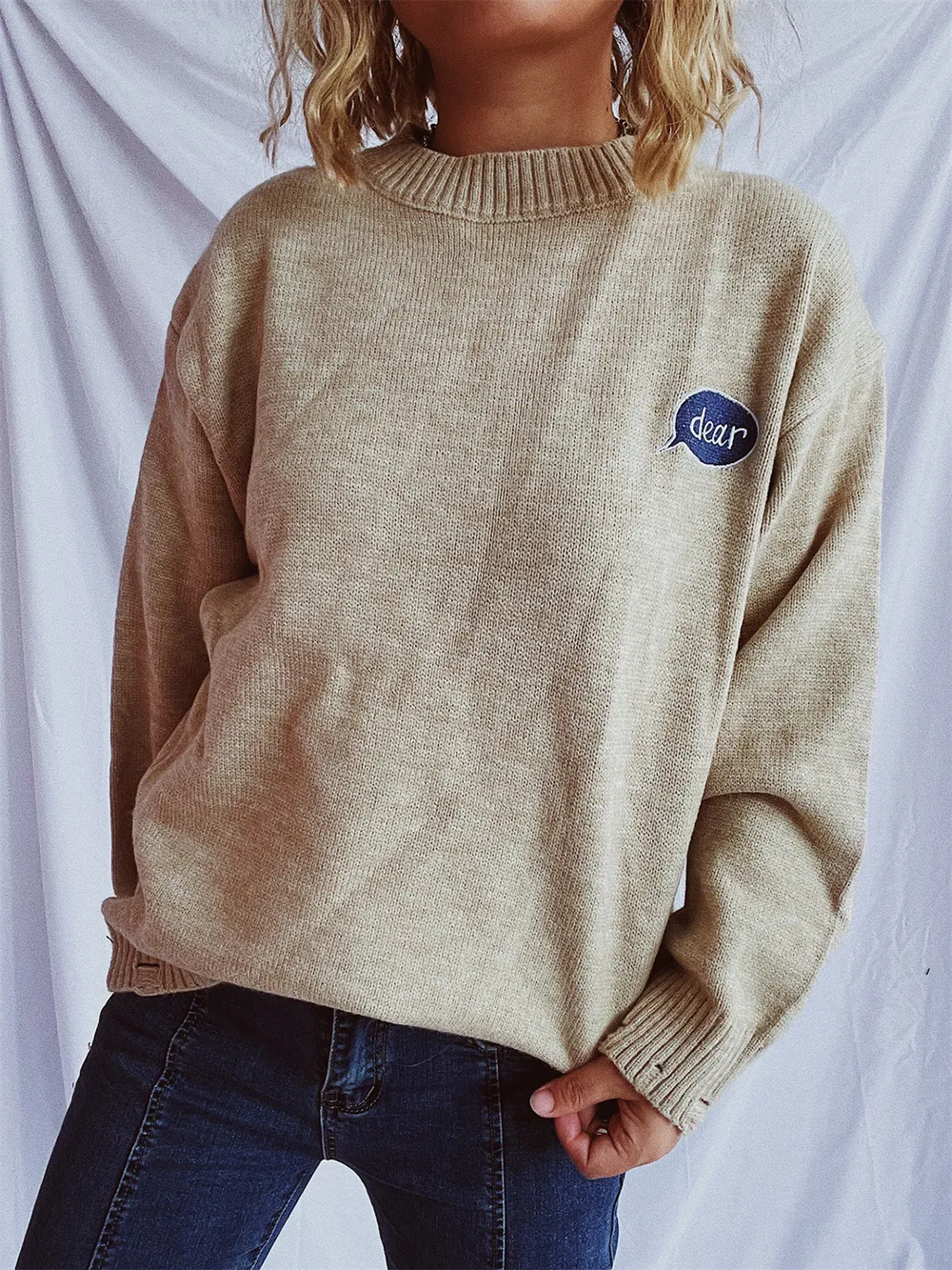 Embroidered Round Neck Dropped Shoulder Sweater, image 14