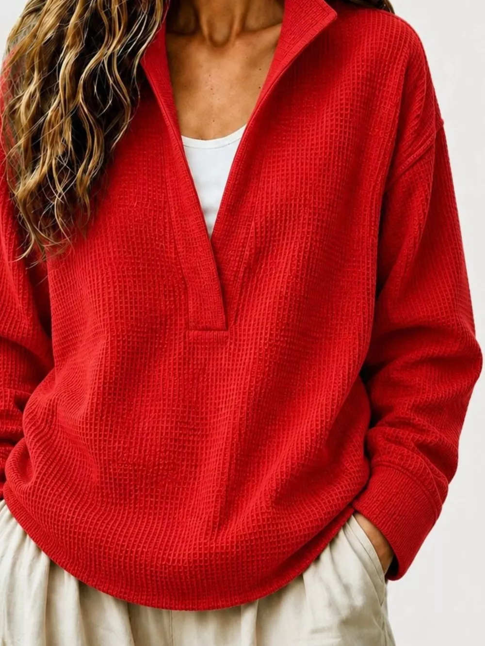 Full Size Waffle Knit Dropped Shoulder Sweatshirt Plus Size, image 4