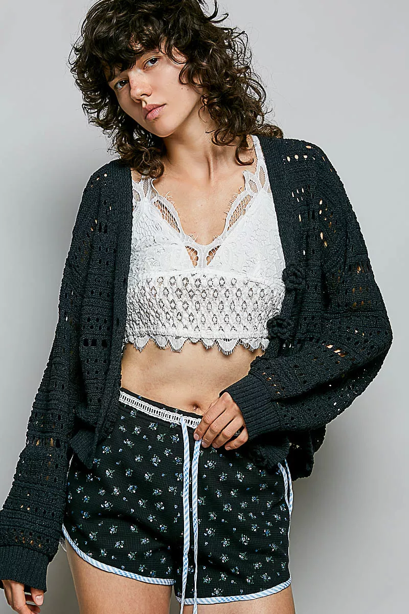 Open-Knit Floral Button Cardigan