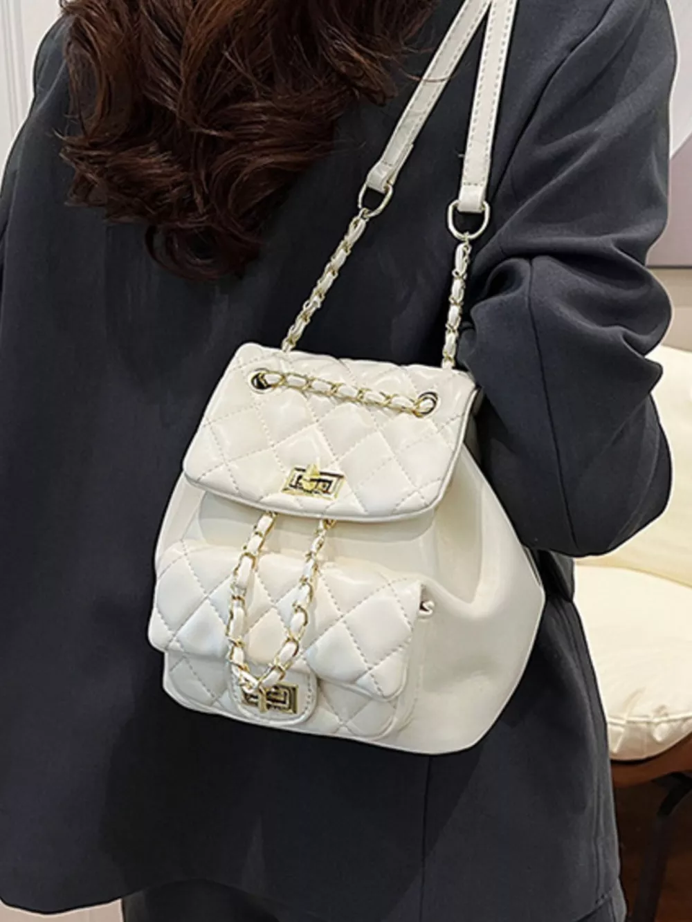 Quilted Chain Decor Backpack Bag, image 4