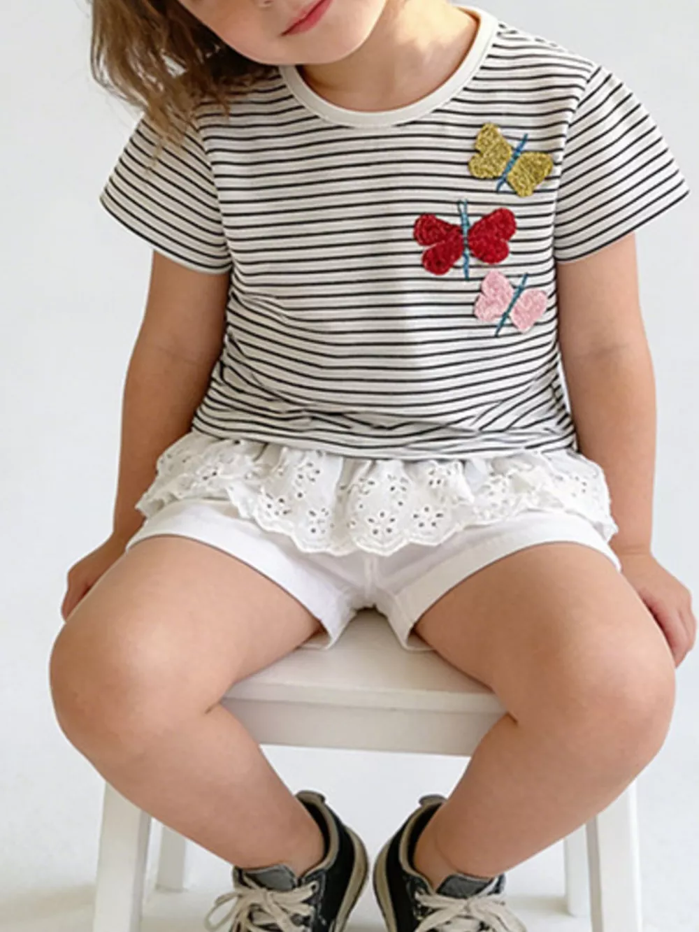 Children's Striped Butterfly Embroidered Ruffle Hem T-Shirt, image 2
