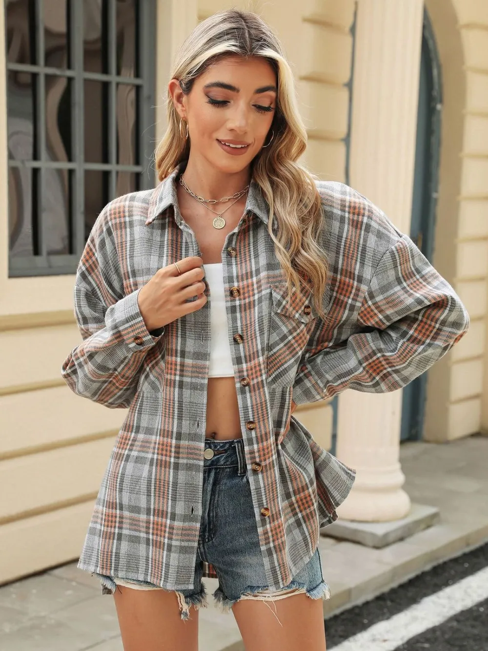 Pocketed Plaid Collared Neck Long Sleeve Shirt, image 6