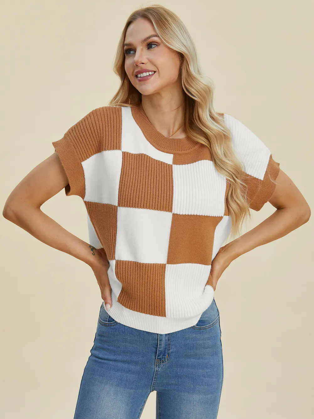 Full Size Checkered Round Neck Short Sleeve Sweater, image 15