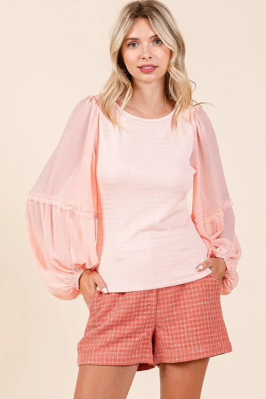 Mixed Media Textured Knit Chiffon Long Sleeve Top