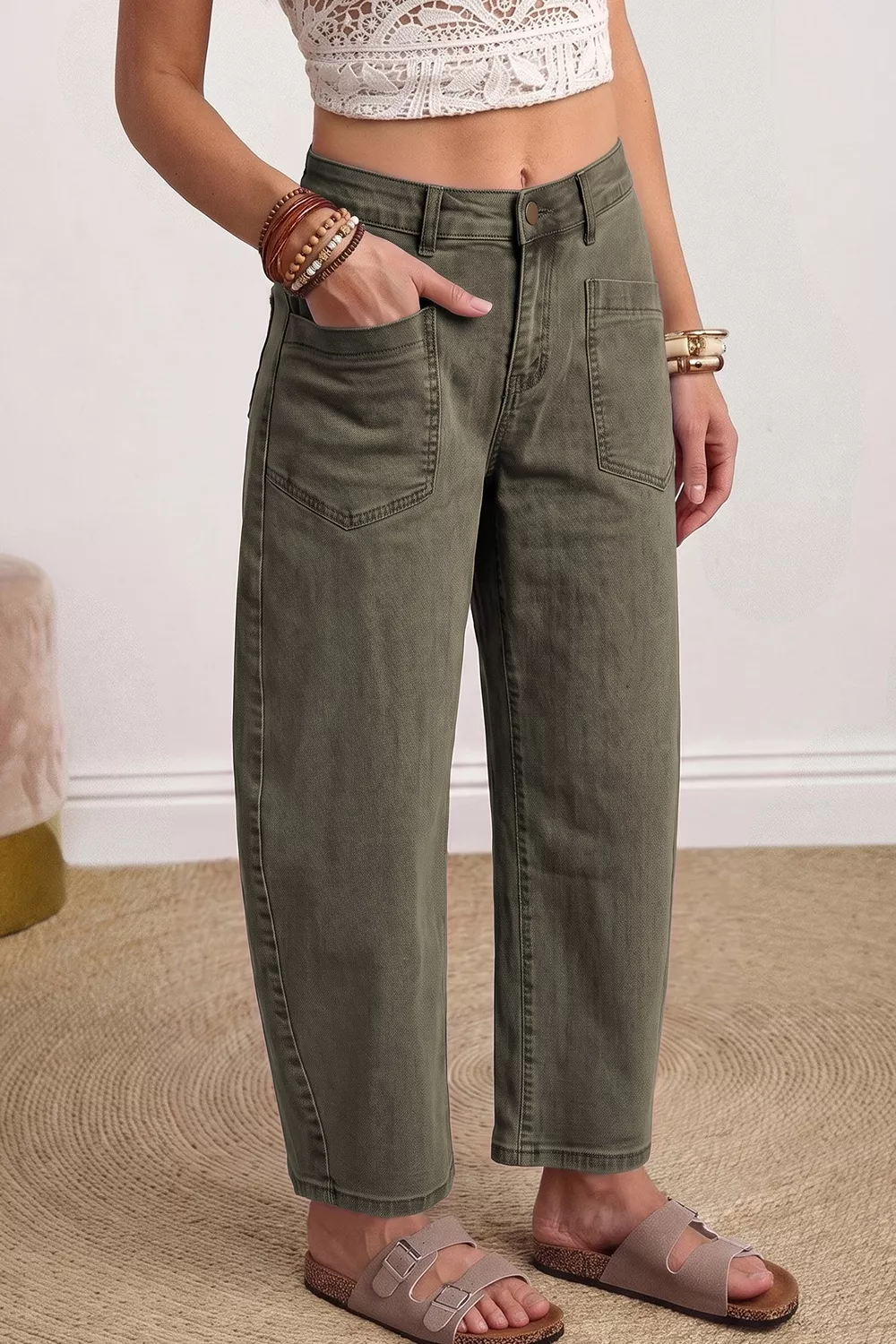 Four Leaf Clover Solid Color Square Patch Pocket Ankle-length Barrel Jeans, image 6