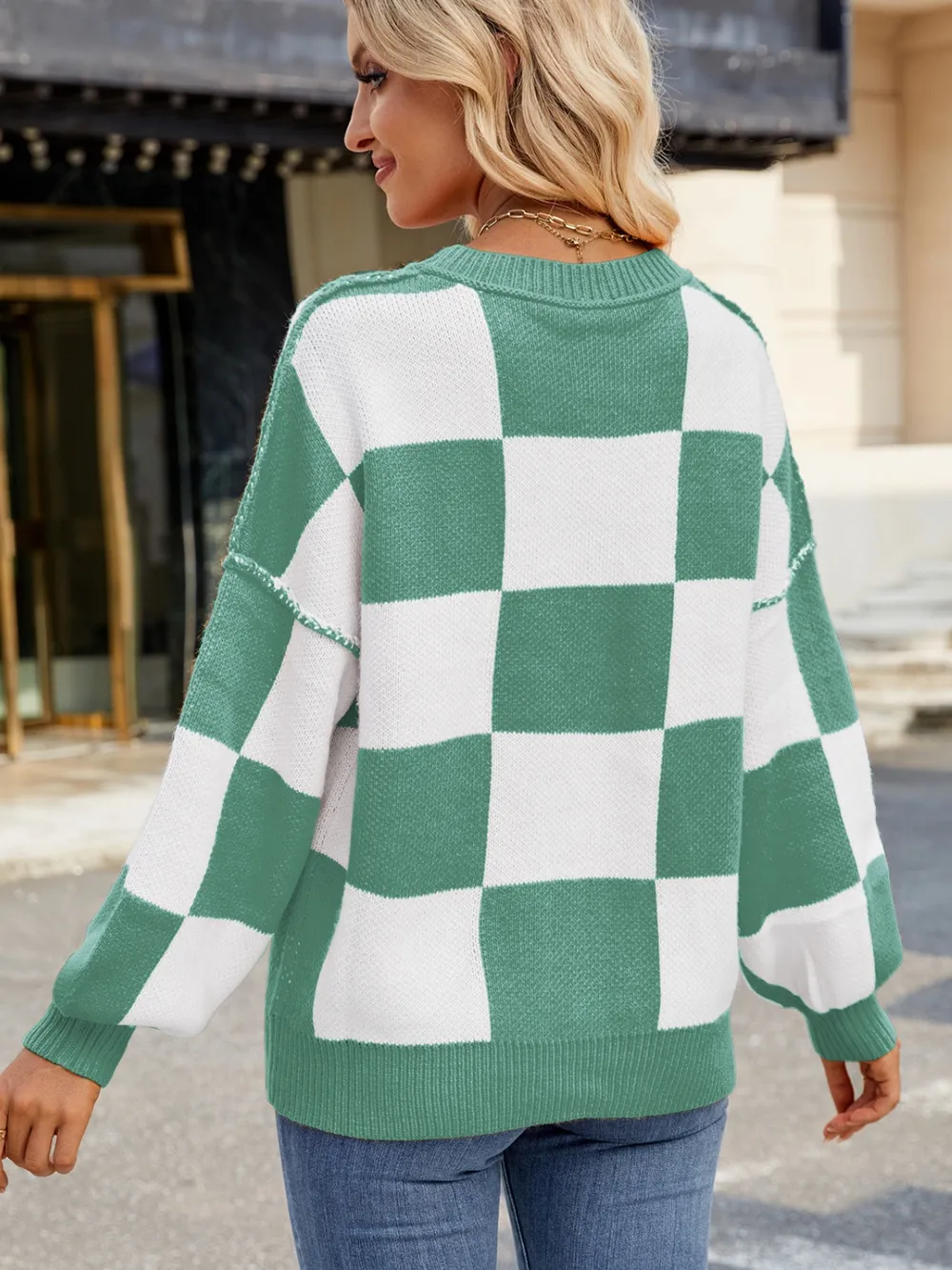 Checkered Round Neck Long Sleeve Sweater, image 10