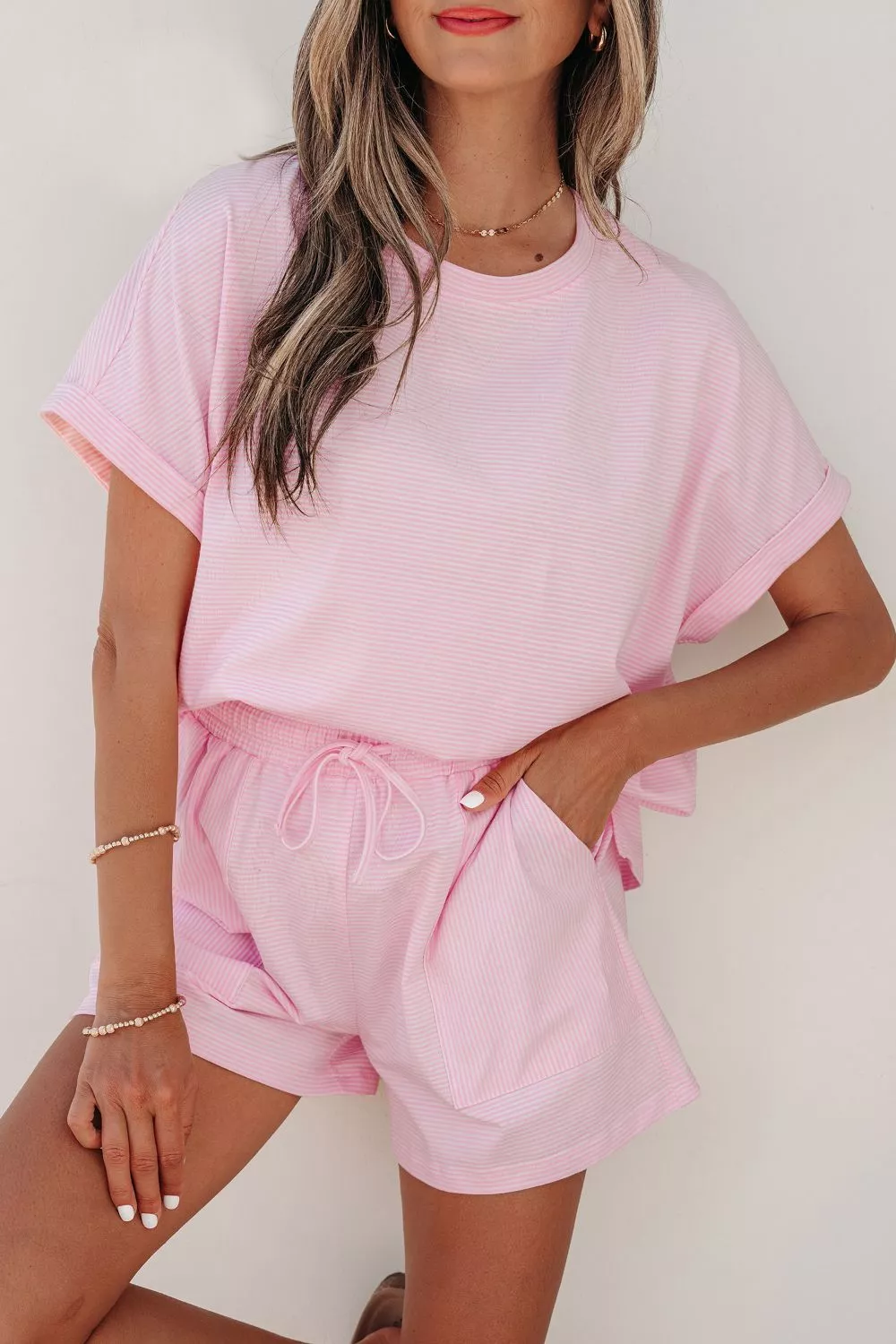 Stripe Matching Oversized Tee and Drawstring Shorts Set, image 4