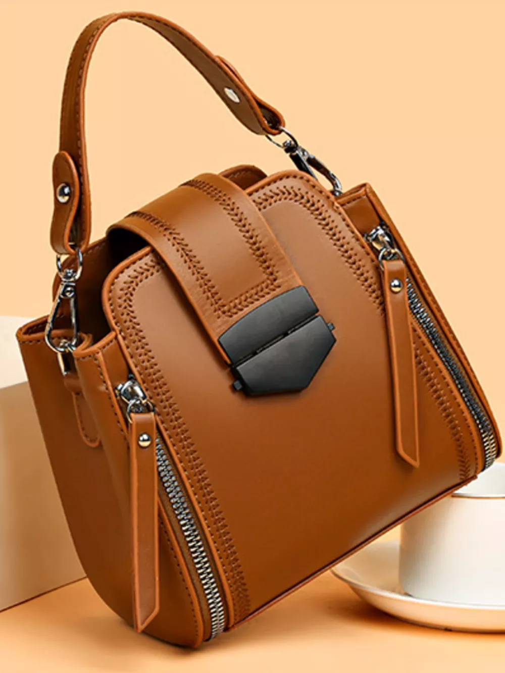 Leather Bucket Crossbody Bag, image 2