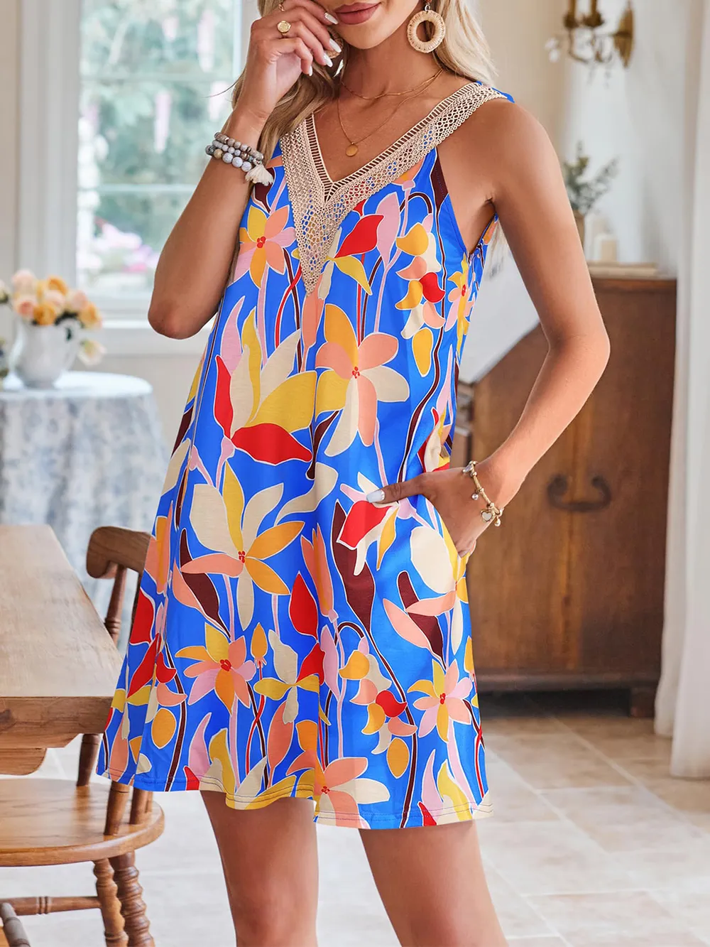Lace Detail Printed V-Neck Sleeveless Dress, image 12