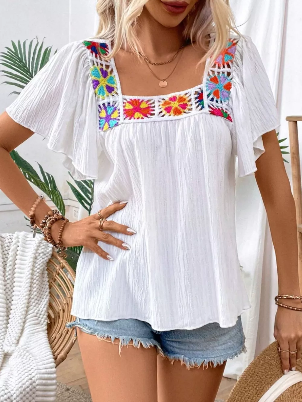 Embroidered Square Neck Flutter Sleeve Blouse, image 14