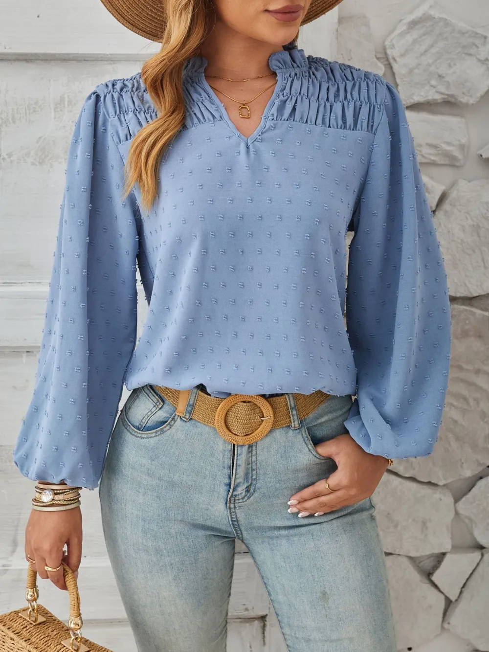 Ruched Swiss Dot Notched Balloon Sleeve T-Shirt, image 7