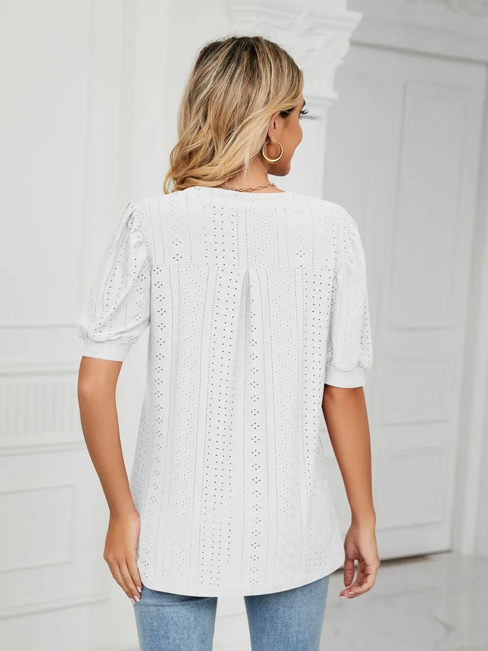 Eyelet Notched Short Sleeve T-Shirt, image 13
