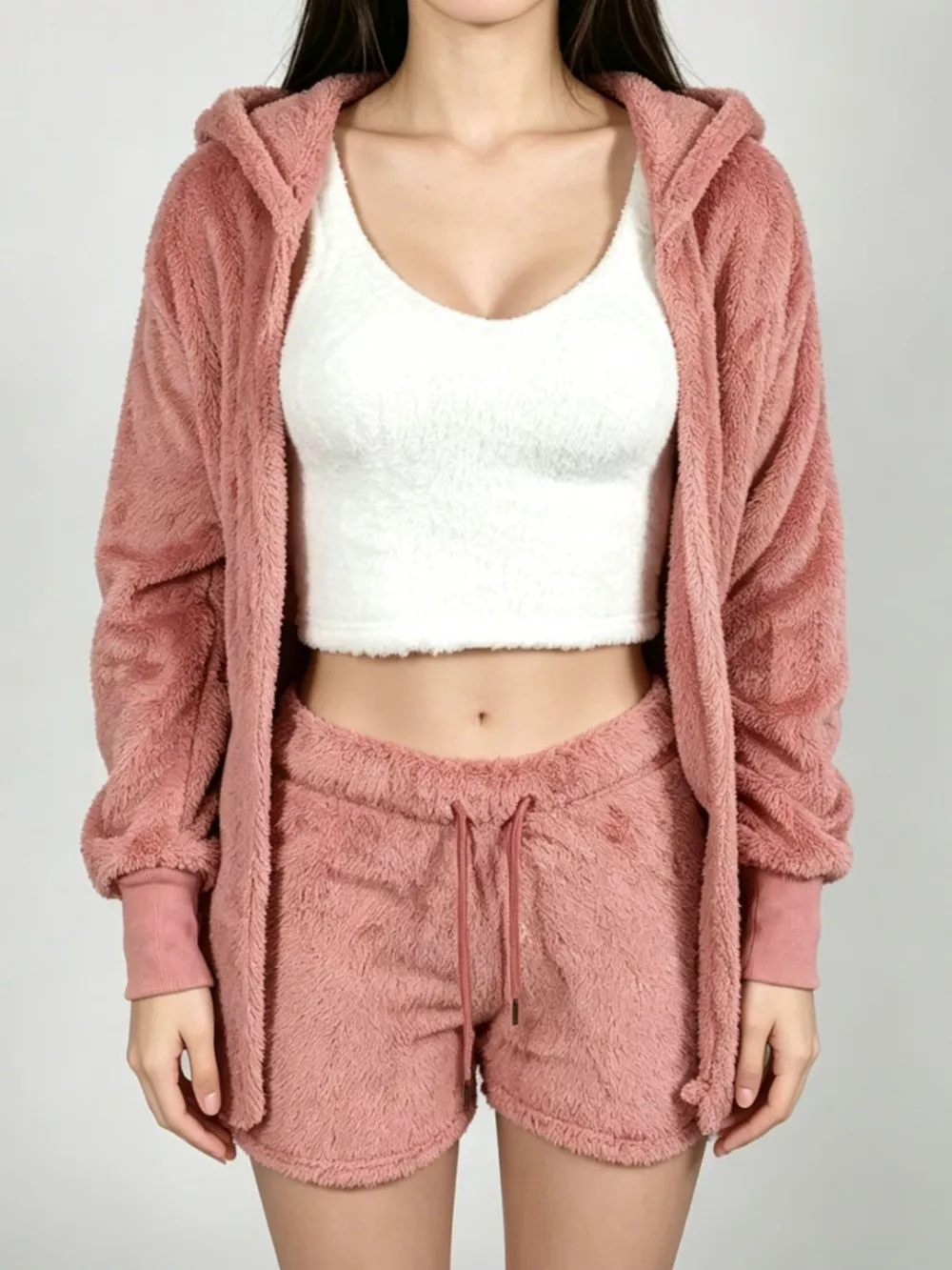 Full Size 3-Piece Fuzzy Plush Cardigan and Shorts Lounge Set with Crop Top Plus Size, image 15