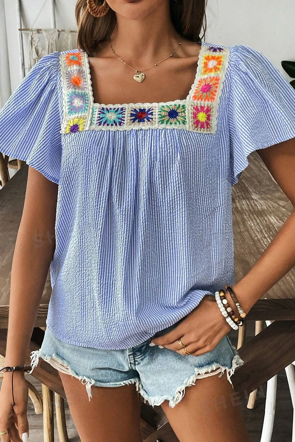Stripe Textured Ruffle Short Sleeve Boho Detail Square Neck Blouse