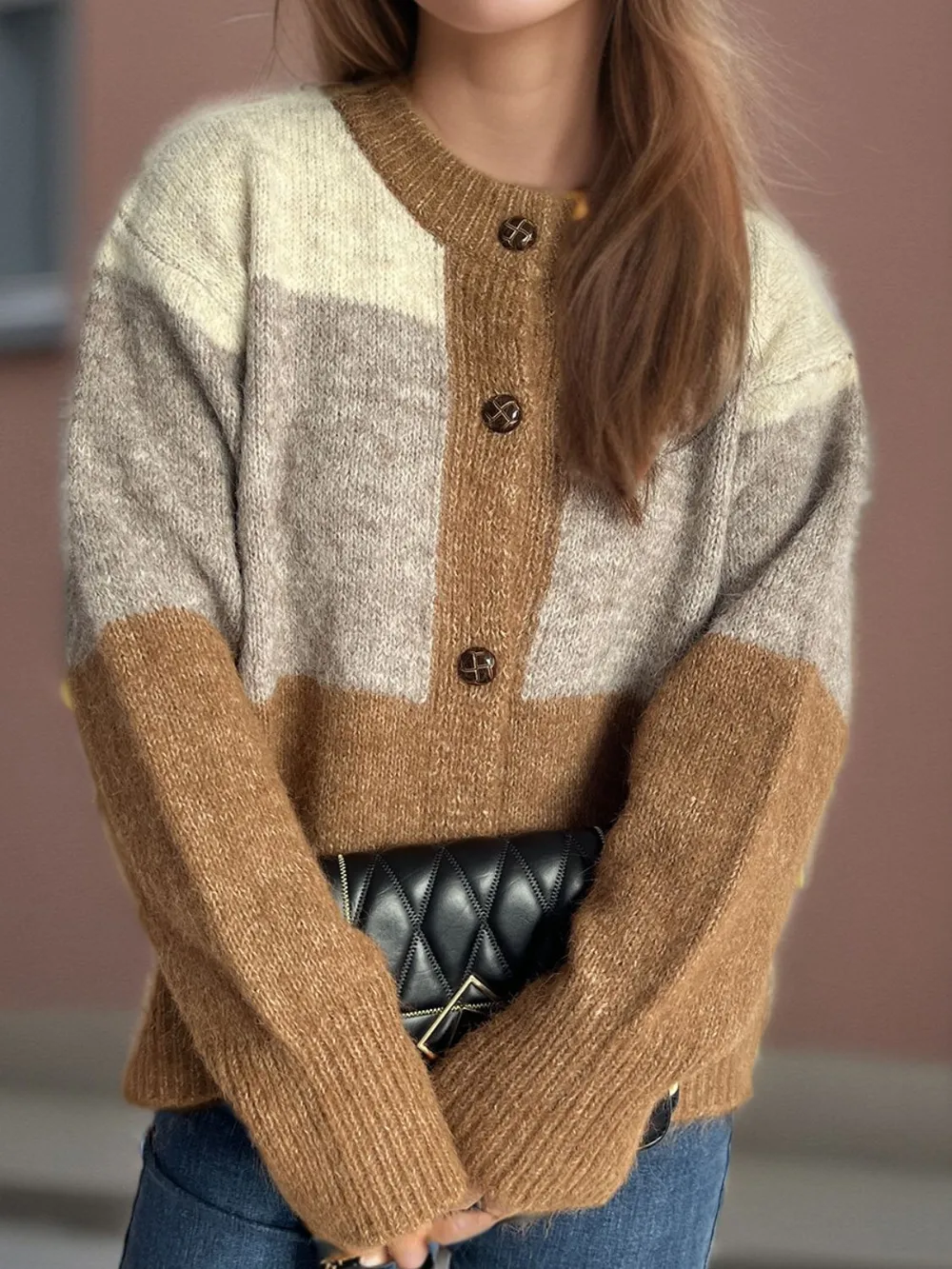 Color Block Round Neck Button Up Cardigan, image 8