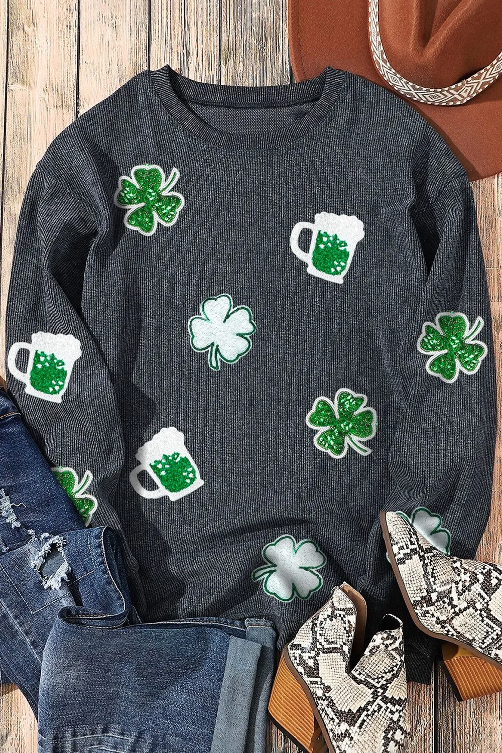 Lucky Clover Beer Sequin Round Neck Sweatshirt, image 3