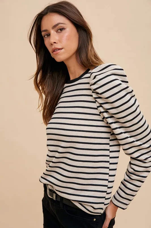Striped Round Neck Puff Sleeve French Terry Top, image 3