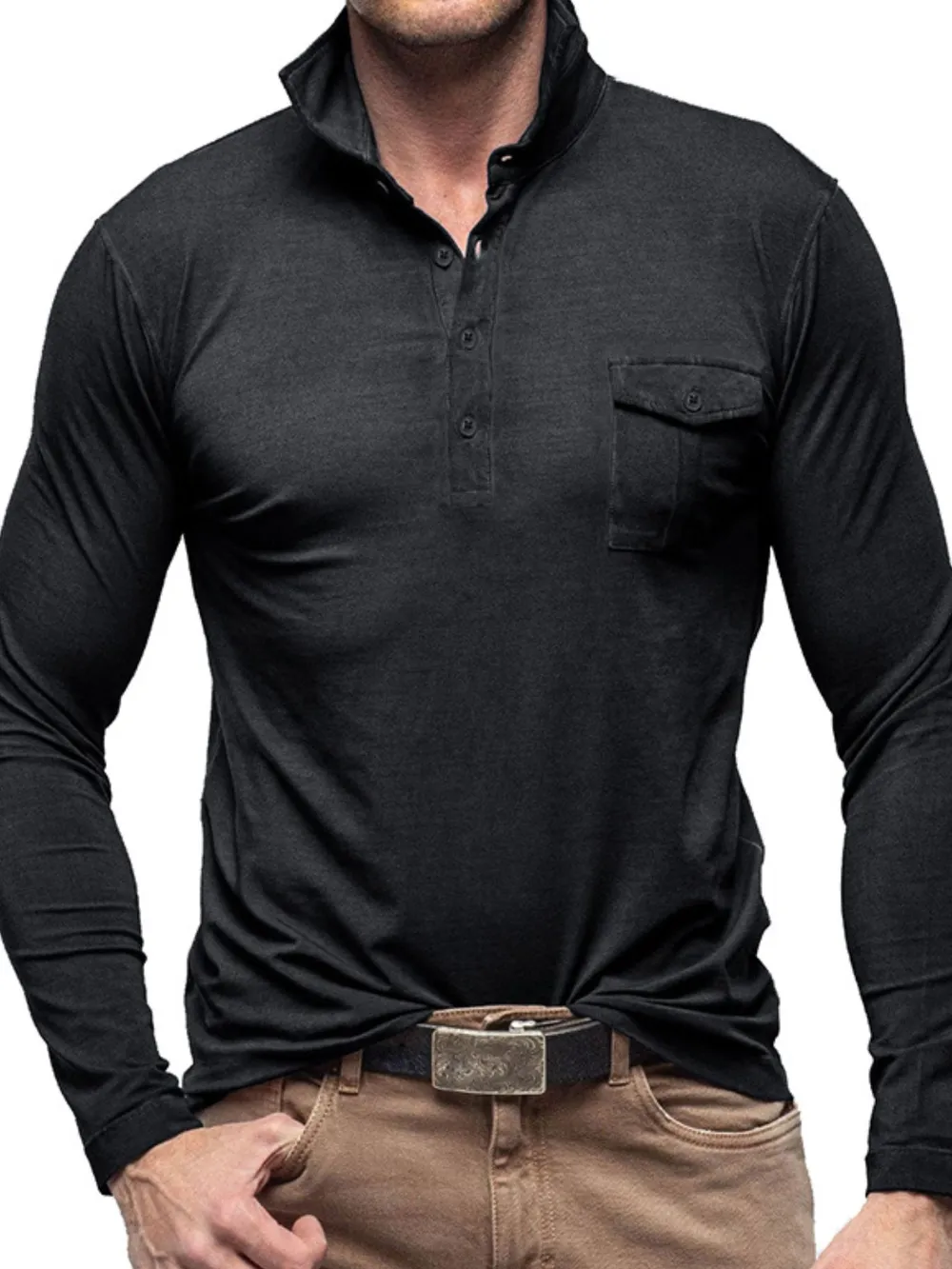 Men's Basic style Collared Neck Long Sleeve Polo, image 8