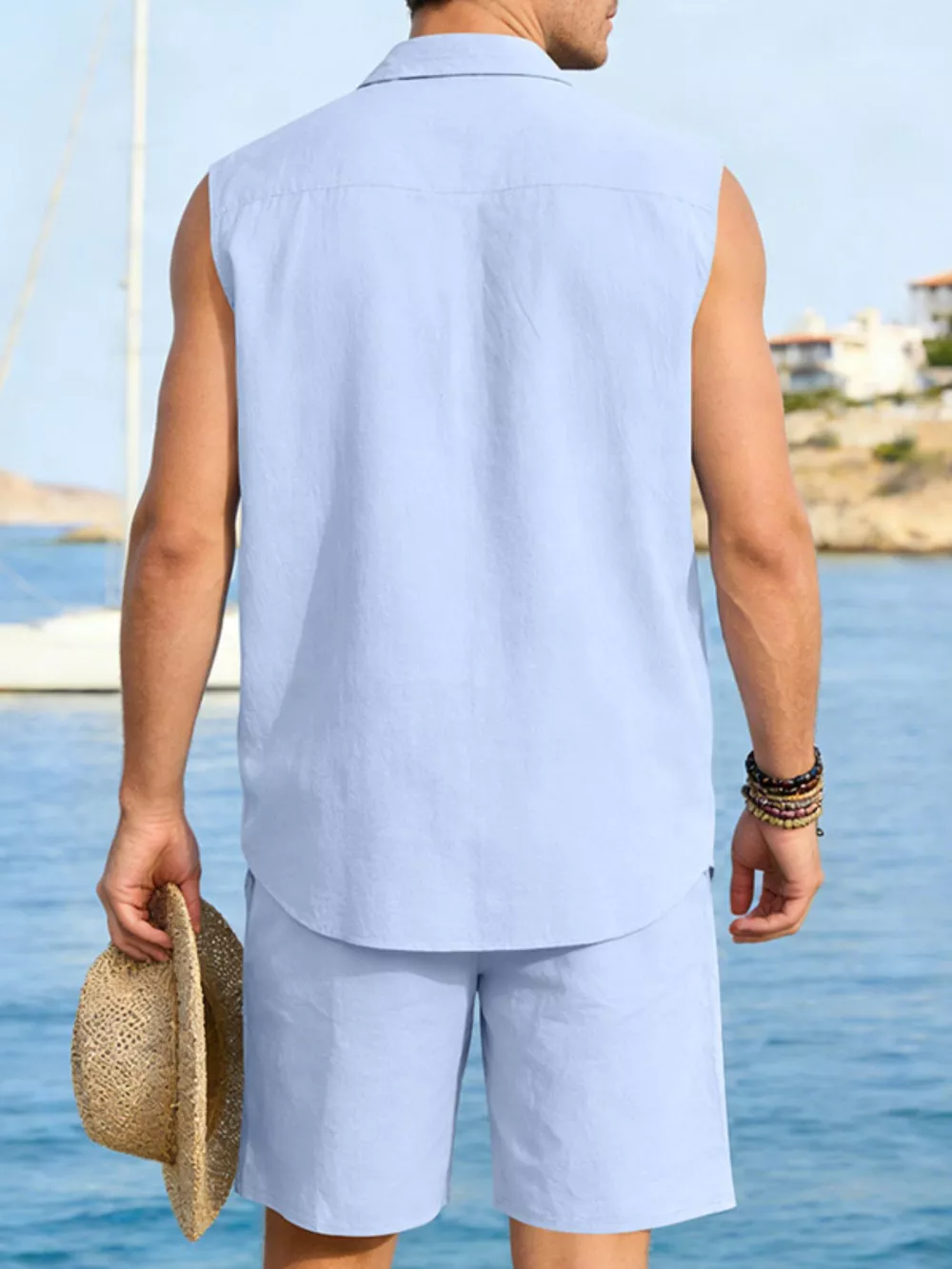Men's Full Size Button Up Sleeveless Top and Shorts Plus Size, image 19