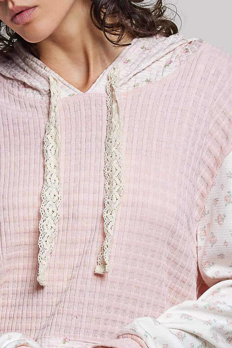 POL Mixed Knit Contrast Print Sleeve Hoodie with Kangaroo Pocket, image 6