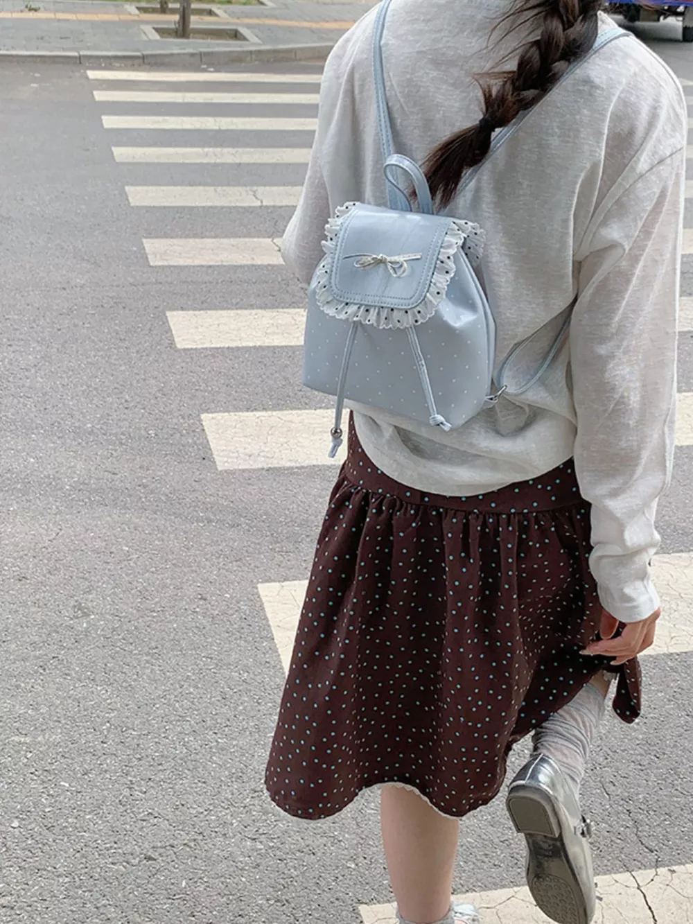 Polka Dot Lace Trim Bowknot Mini Backpack Bag, image 8