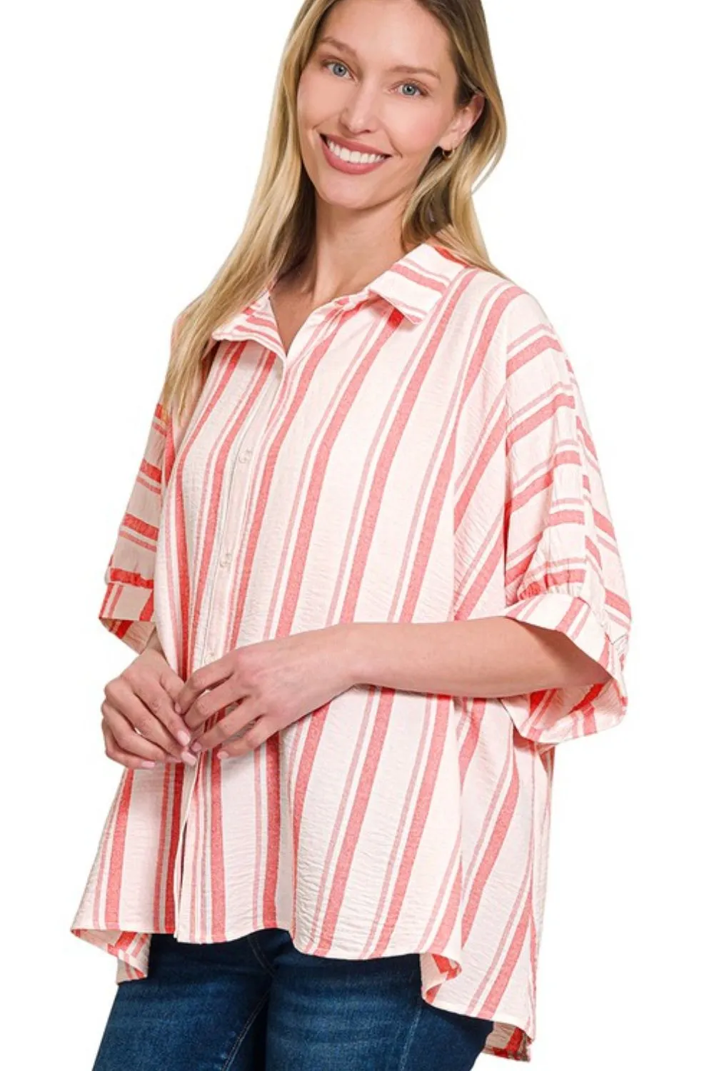 Woven Yarn-Dye Stripe Oversized Button Down Shirt, image 3