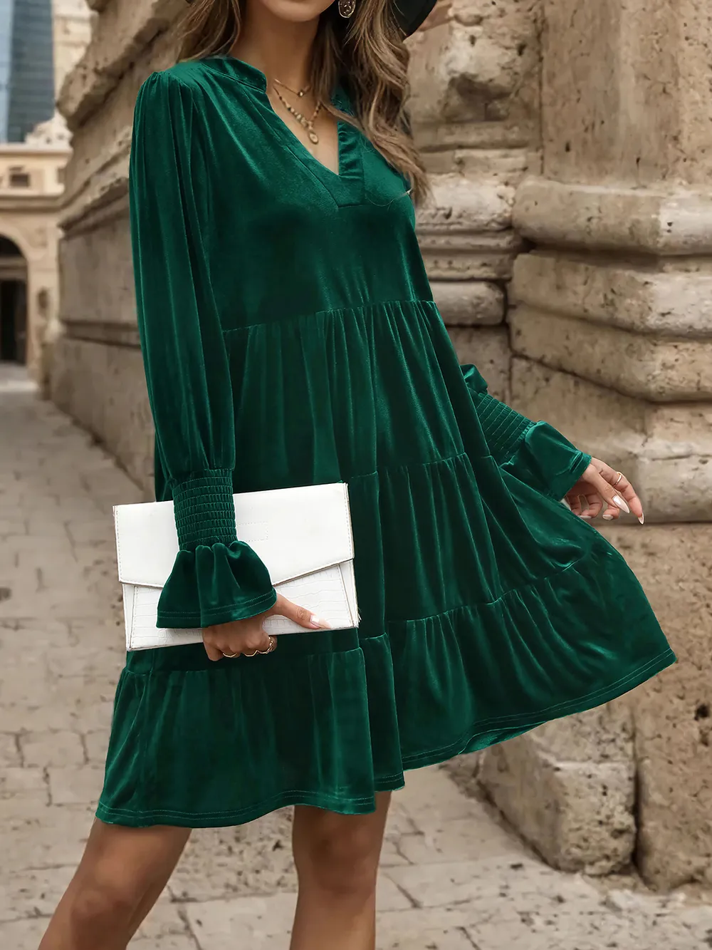 Notched Long Sleeve Tiered Dress, image 2