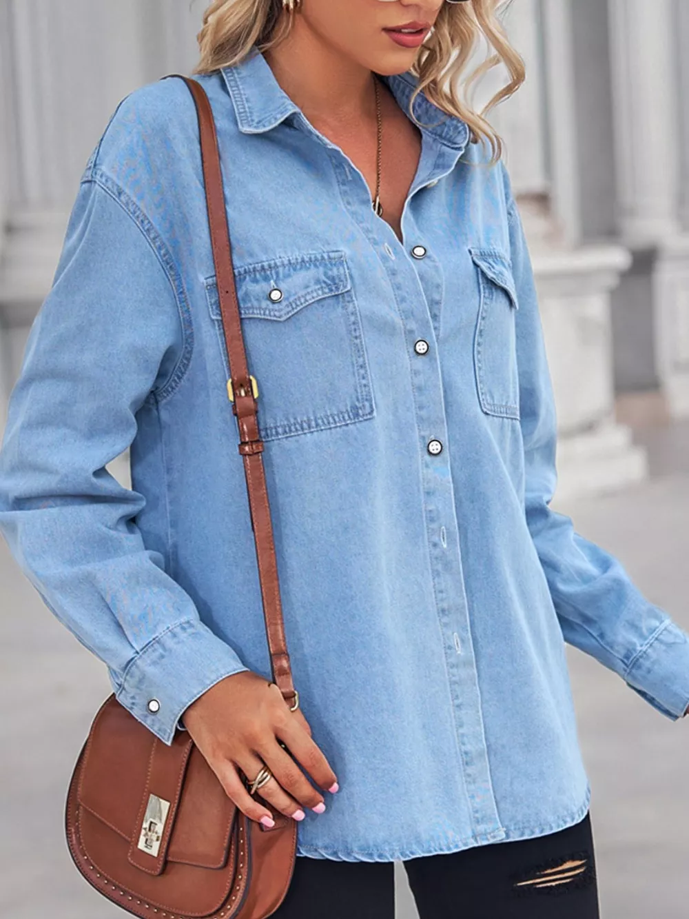 Button Down Washed Denim Shirt with Chest Pockets, image 4