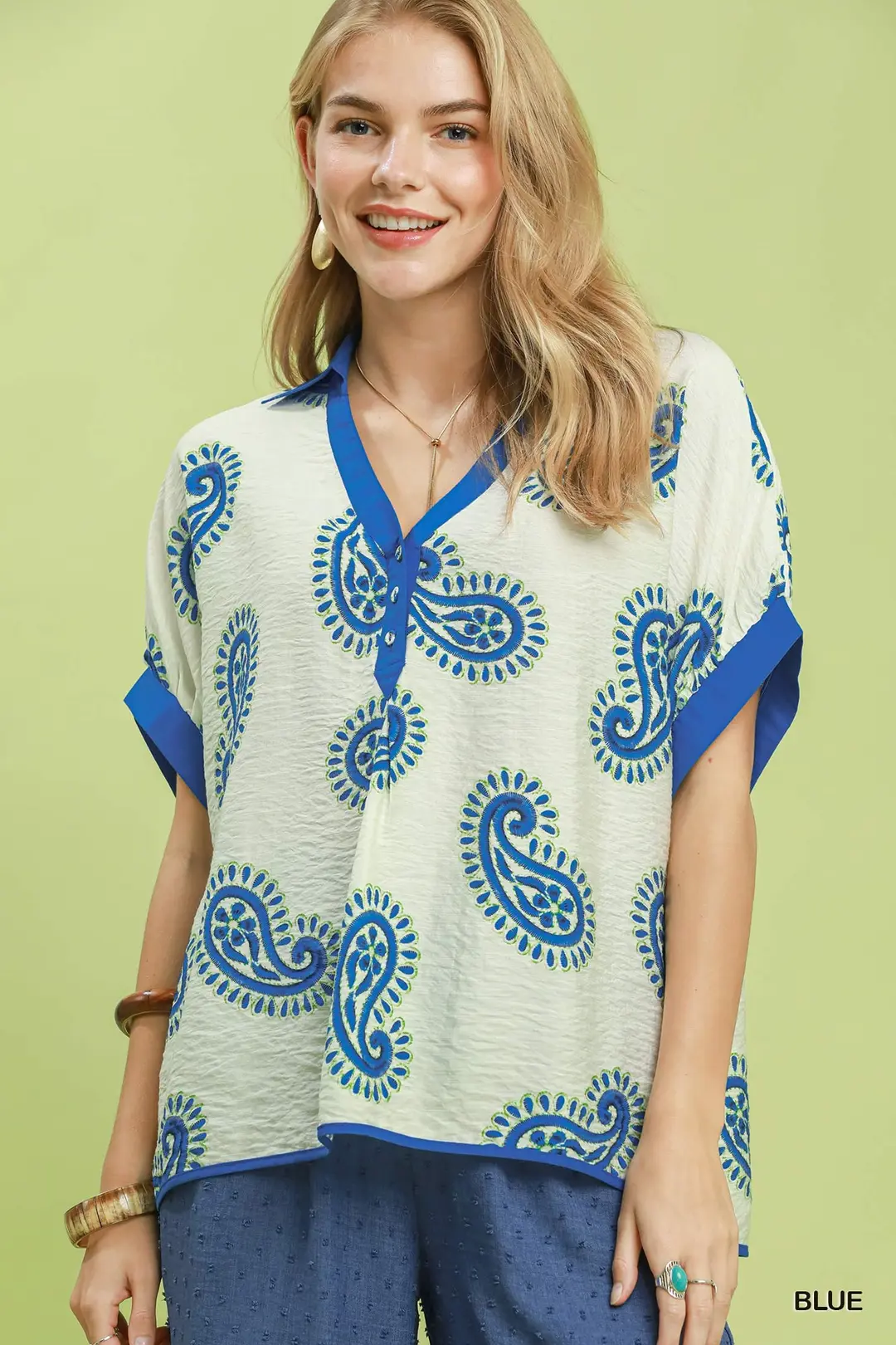 Paisley Print Contrast Trim Top