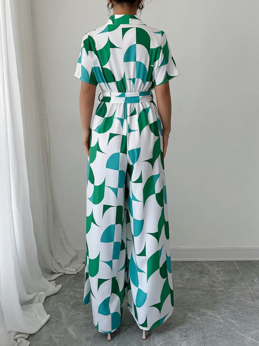 Geometric Print Belted Wide Leg Jumpsuit, image 4