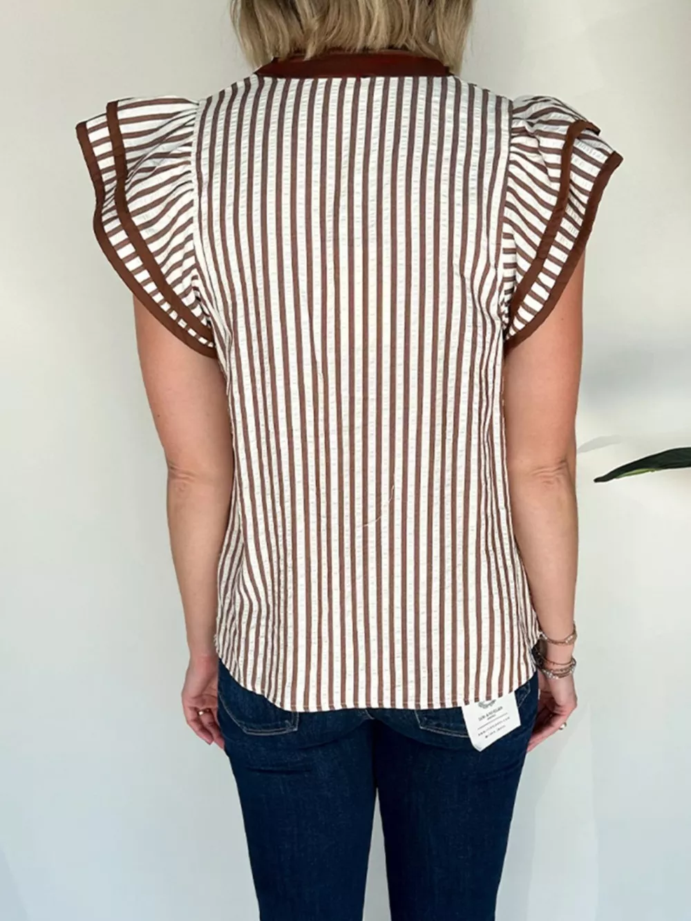 Striped Notched Ruffled Sleeve Blouse, image 3