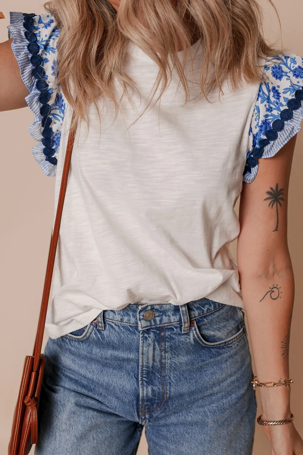 Round Neck Printed Ruffled Cap Sleeve Blouse, image 5