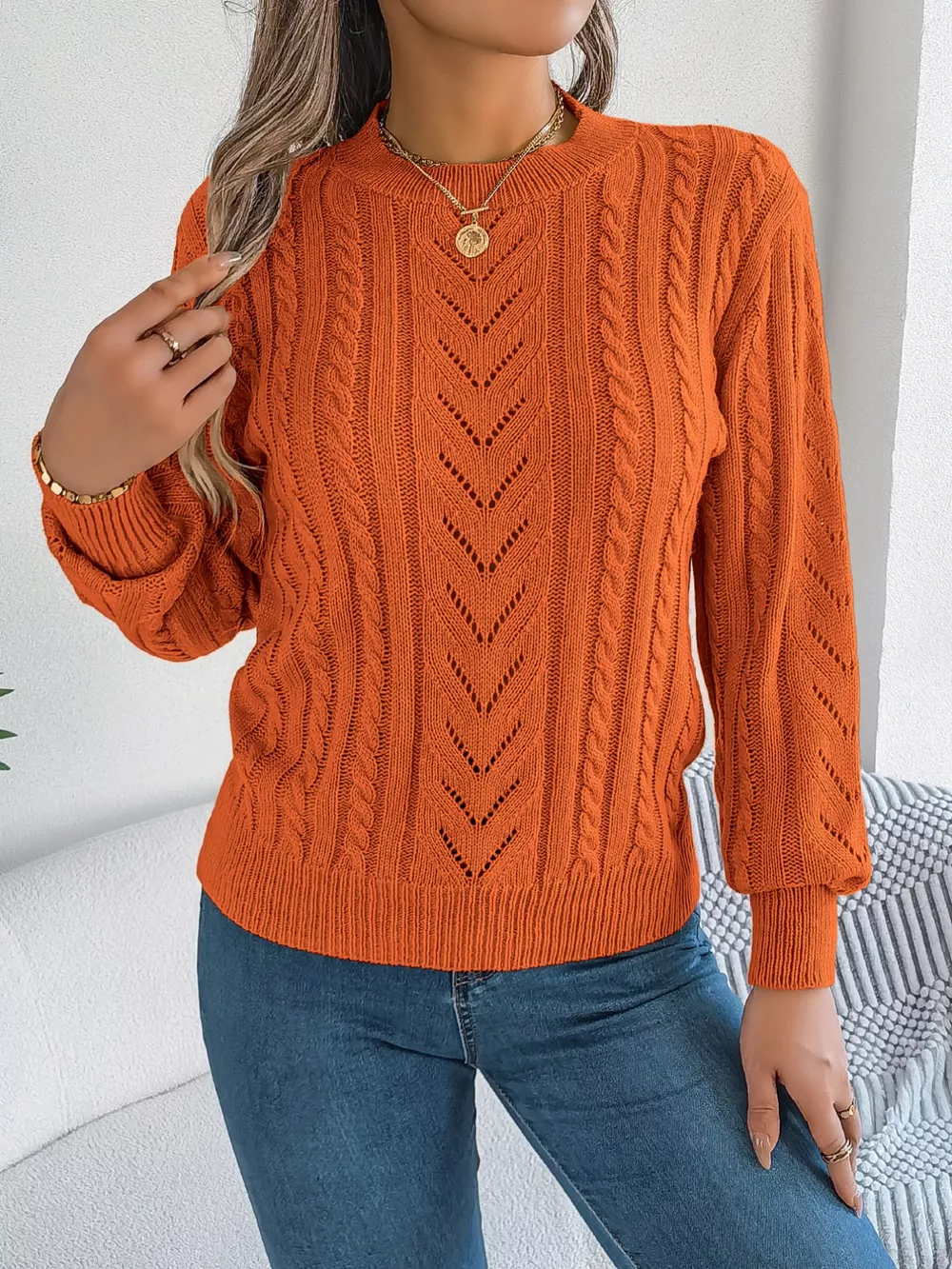 Cable-Knit Round Neck Sweater, image 4