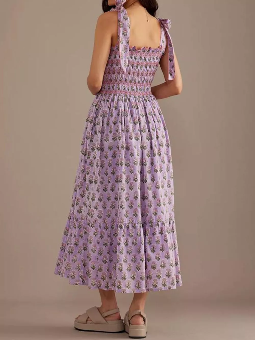 Floral Smocked Tie-Shoulder Midi Dress, image 6