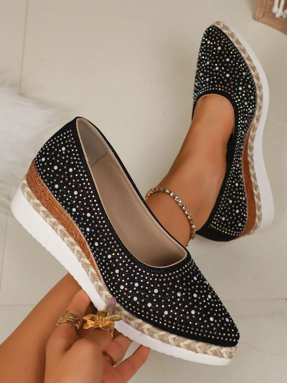 Rhinestone Point Toe Wedge Slip-Ons, image 3