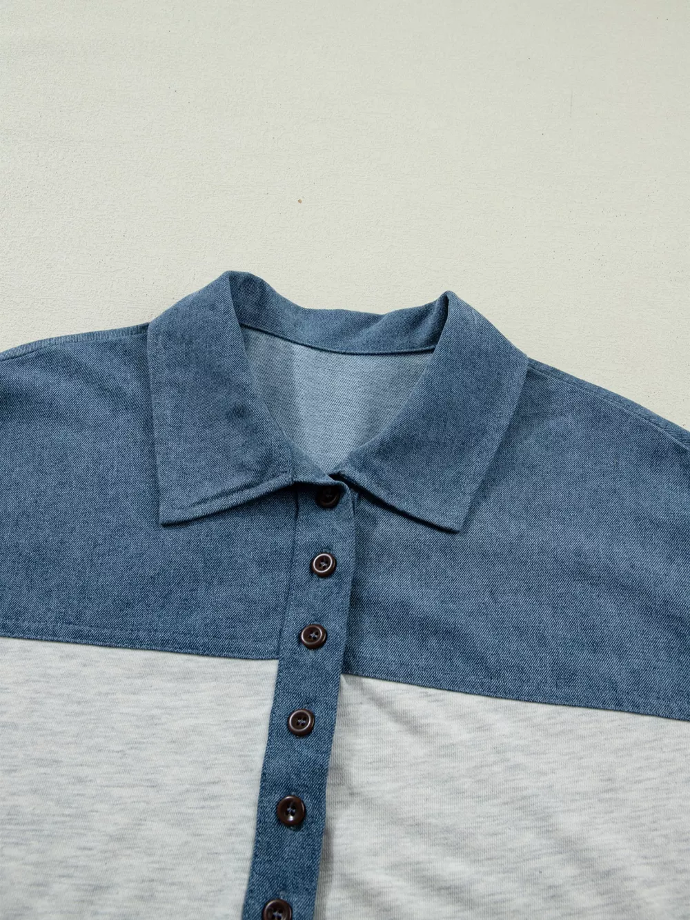 Color Block Denim Patchwork Button Polo Collar Short Sleeve Top, image 5