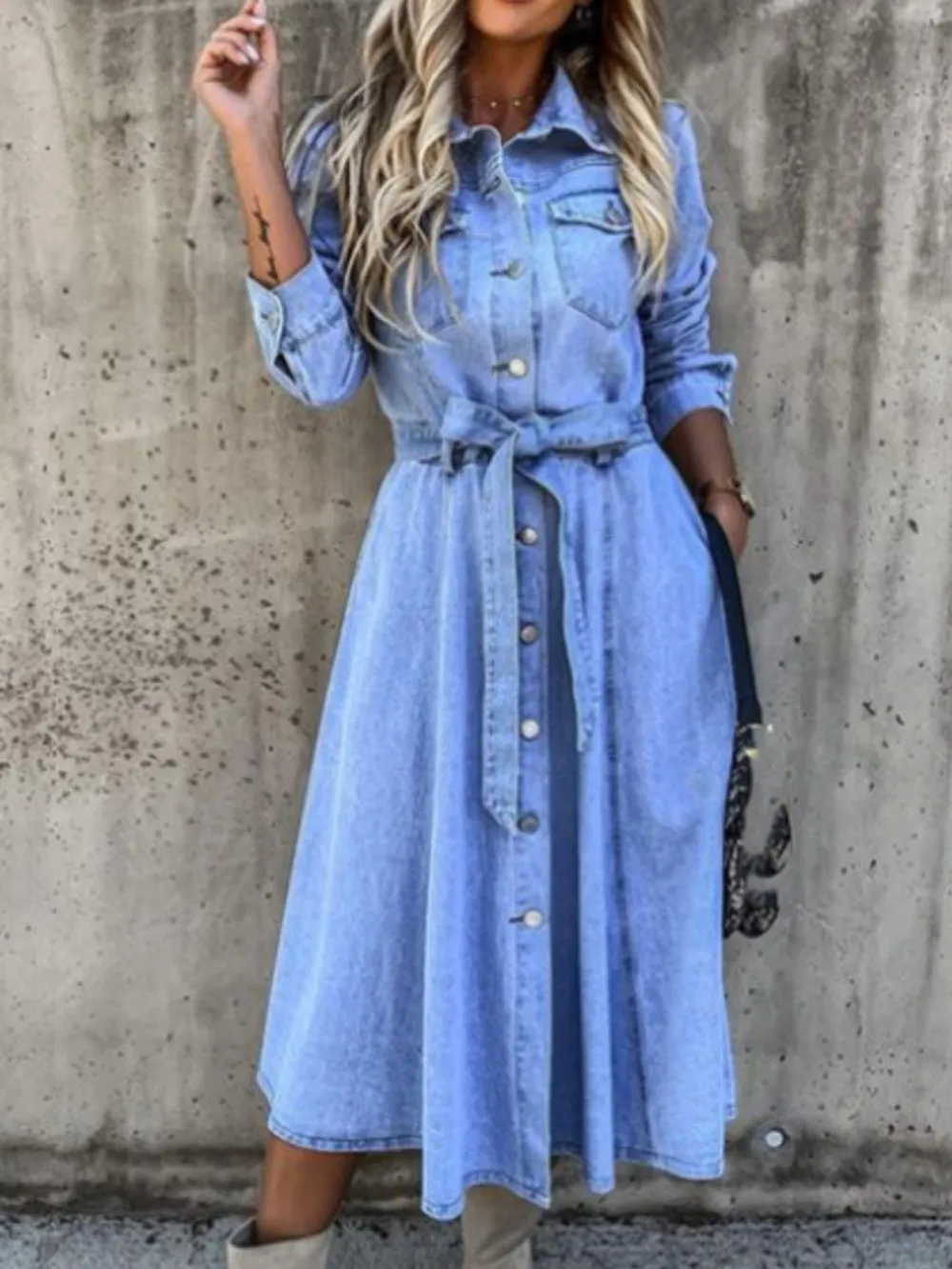 Full Size Tie Waist Button Front Denim Shirt Dress Plus Size, image 3