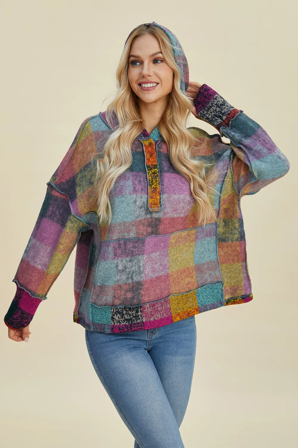 Full Size Plaid Dropped Shoulder Fleece Hoodie, image 10