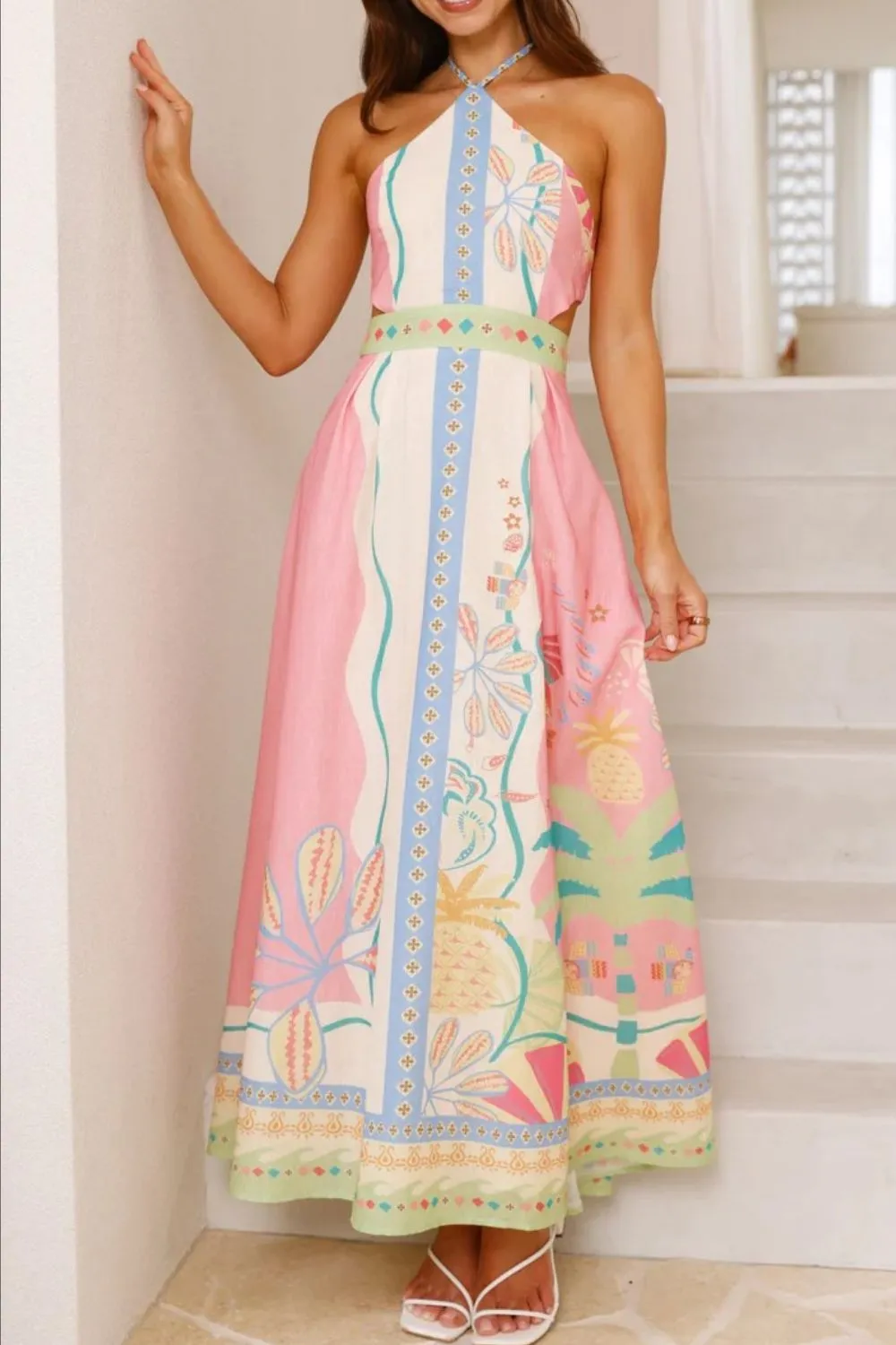 Printed Halter Neck Maxi Dress, image 3