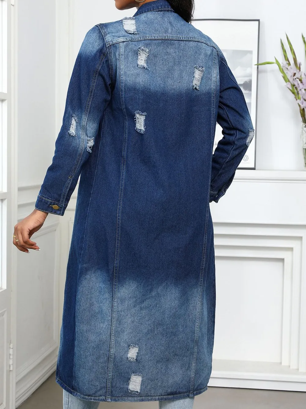Distressed Button Up Collared Neck Denim Top, image 2