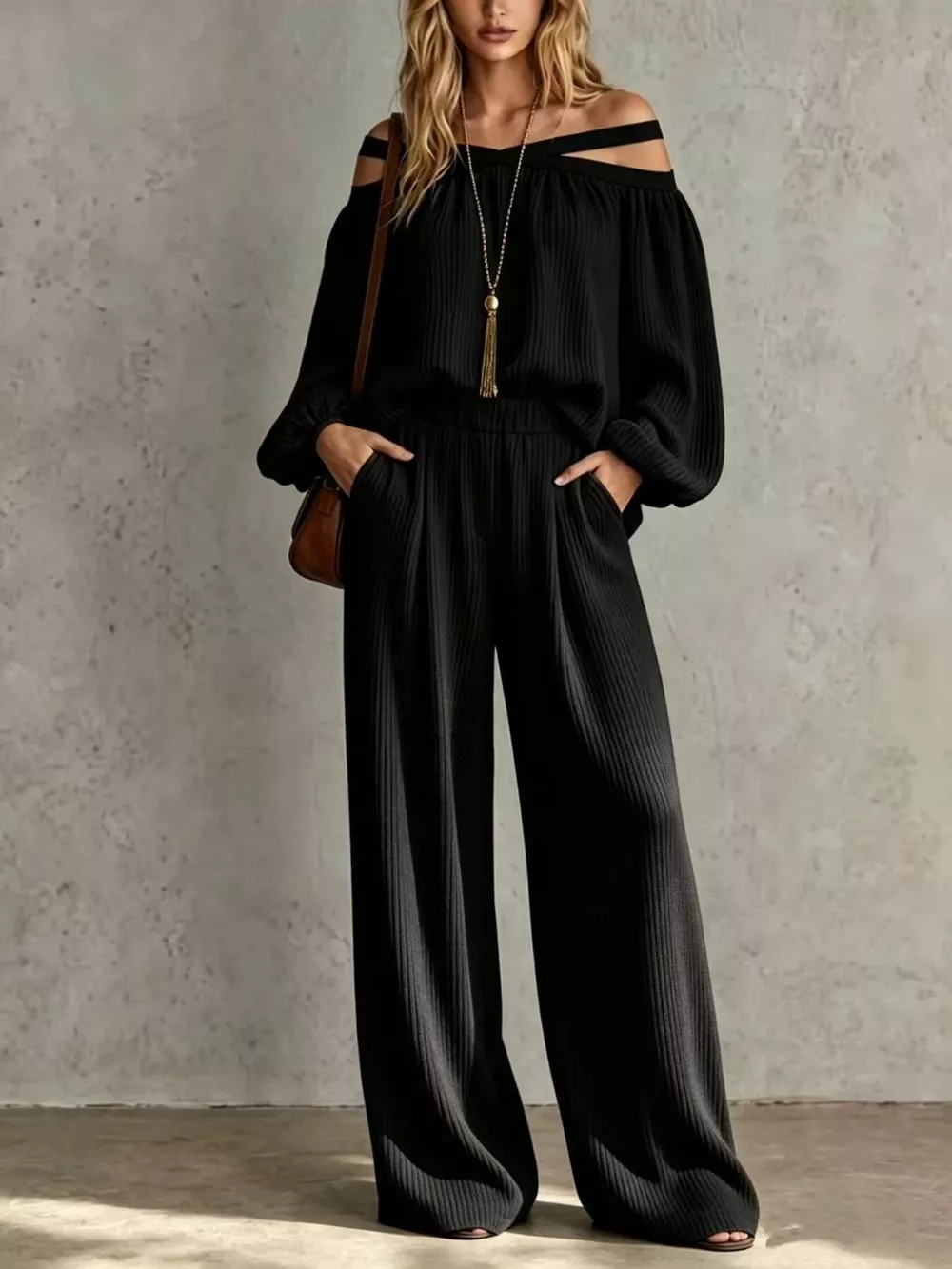 Off-Shoulder Crisscross Cutout Ribbed Knit Top and Wide-Leg Pants Set, image 7