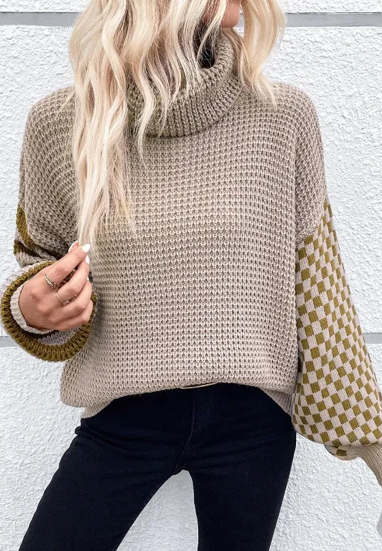 Striped & Checkered Turtleneck Dropped Shoulder Sweater, image 11