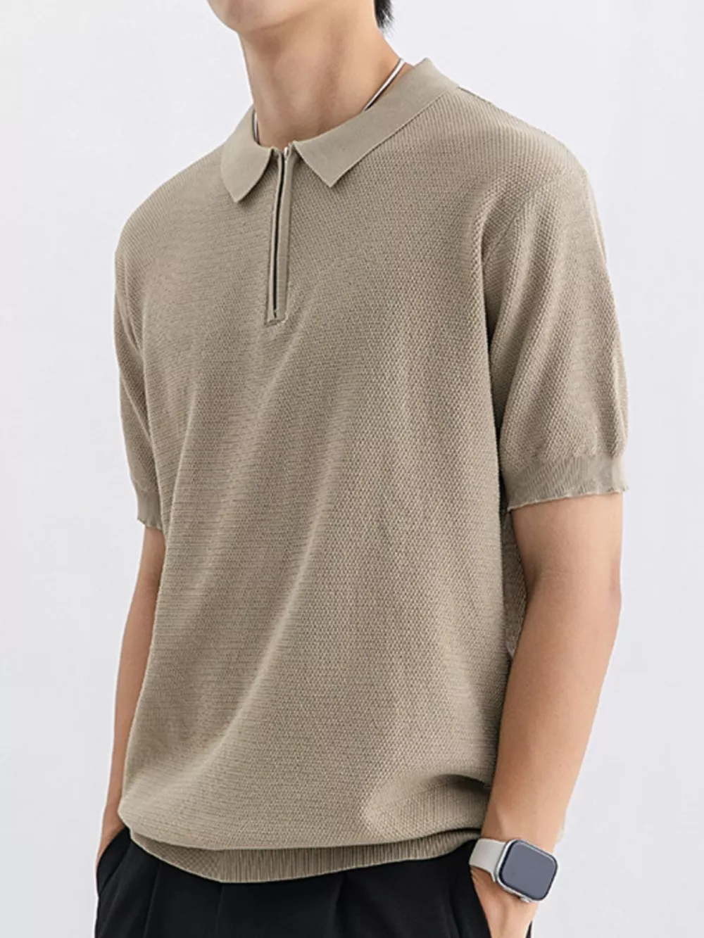 Men's Plus Size Textured Knit Zip-Up Polo