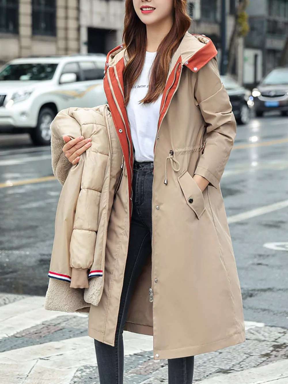 Plus Size Detachable Longline Hooded Parka with Faux Fur Trim and Drawstring Waist, image 5