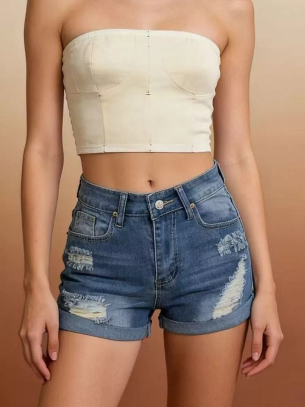Distressed High-Waisted Denim Shorts, image 2