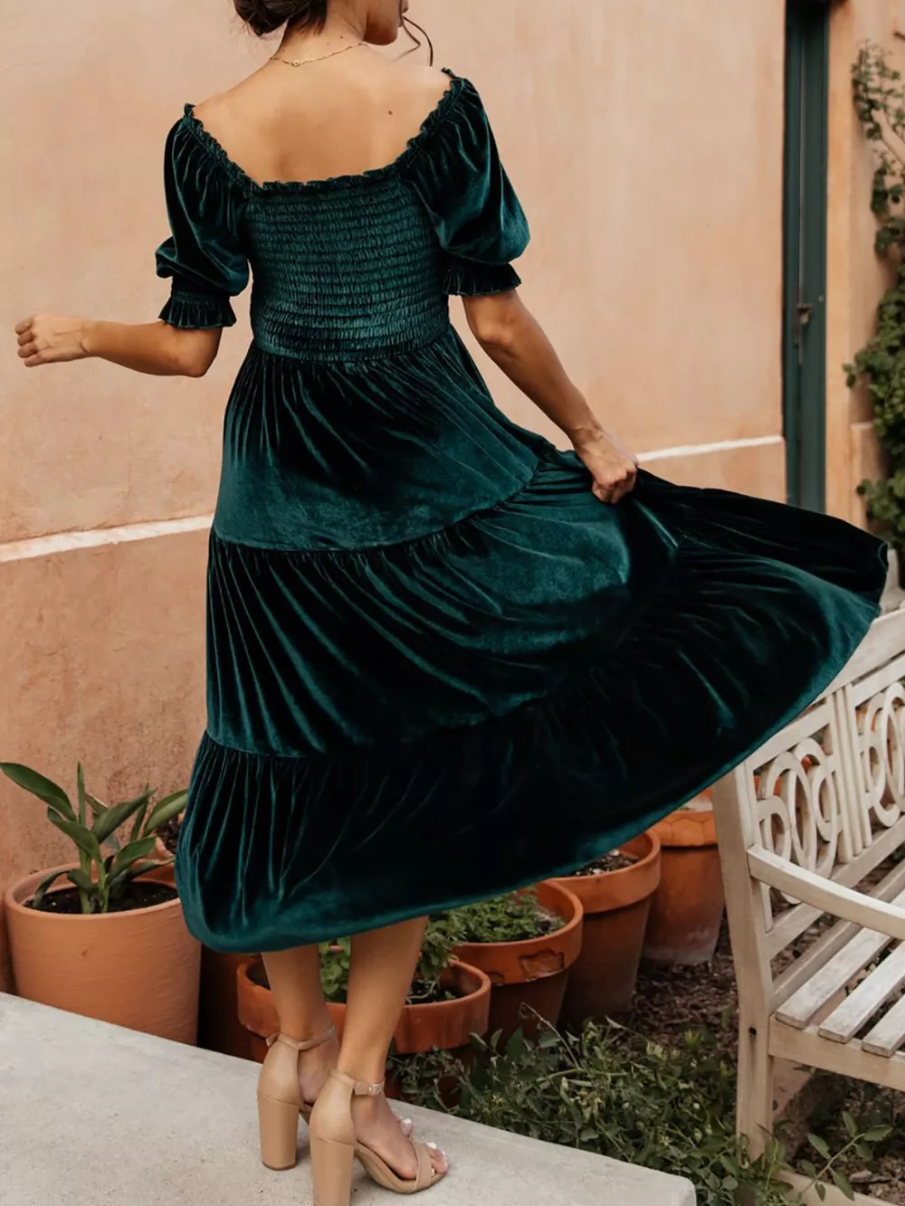 Velvet Smocked Tiered Midi Dress, image 11