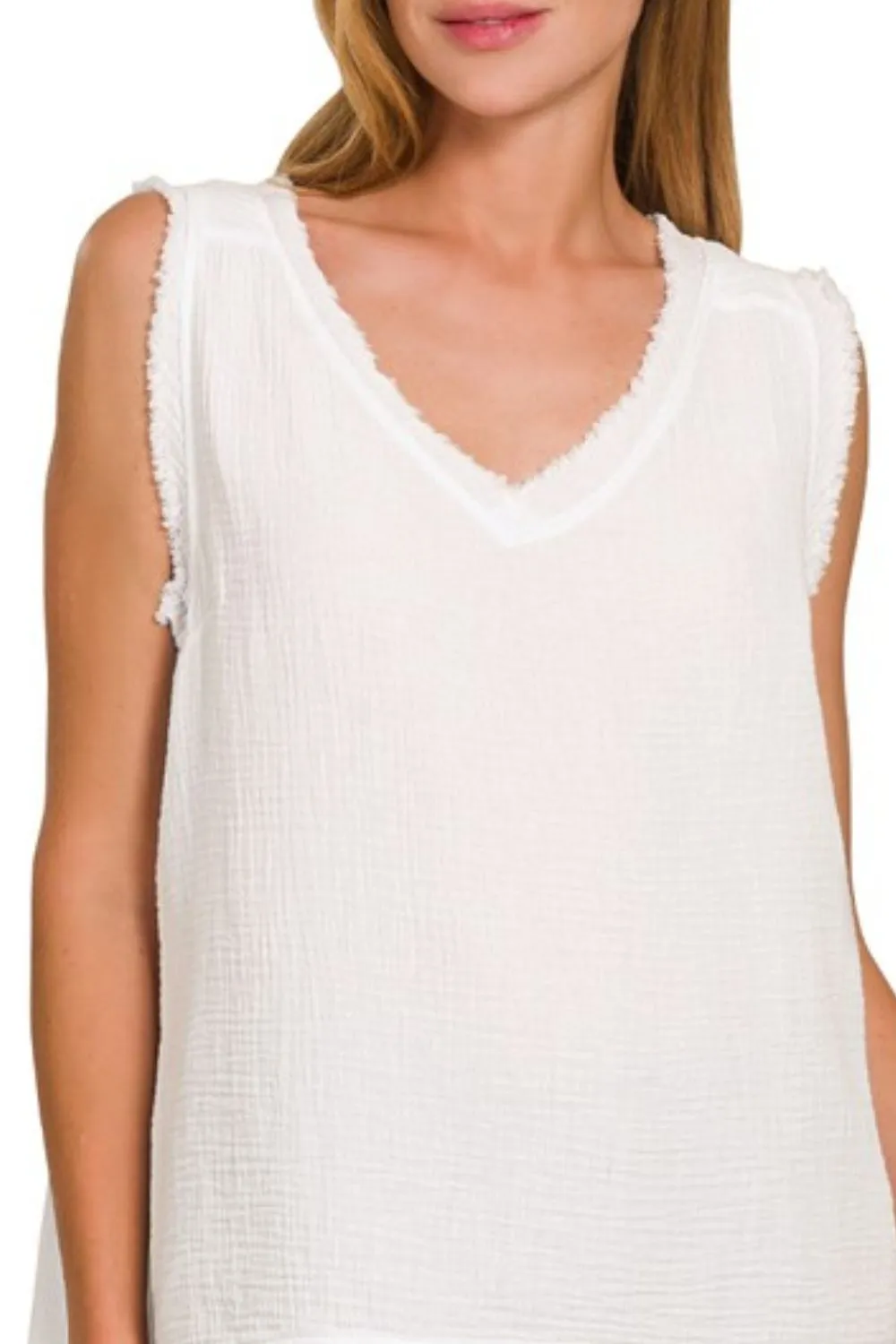 Double Gauze Raw Edge V-Neck Tank, image 2