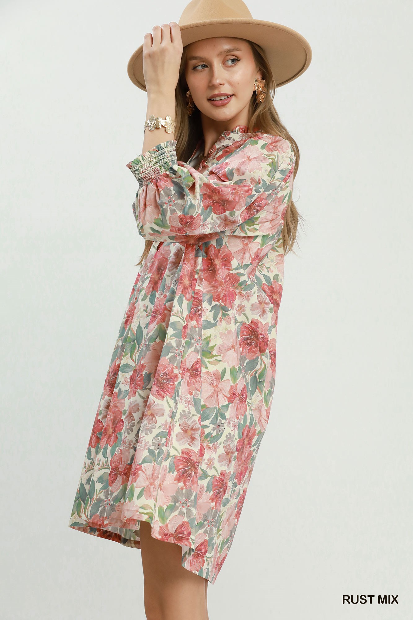 Mix Floral Print Smocked Cuff Mini Dress, image 2